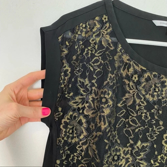 DVF Diane Von Furstenberg Cordelia Silk Lace Short Sleeve Blouse 2 XS Black Gold - Picture 4 of 13